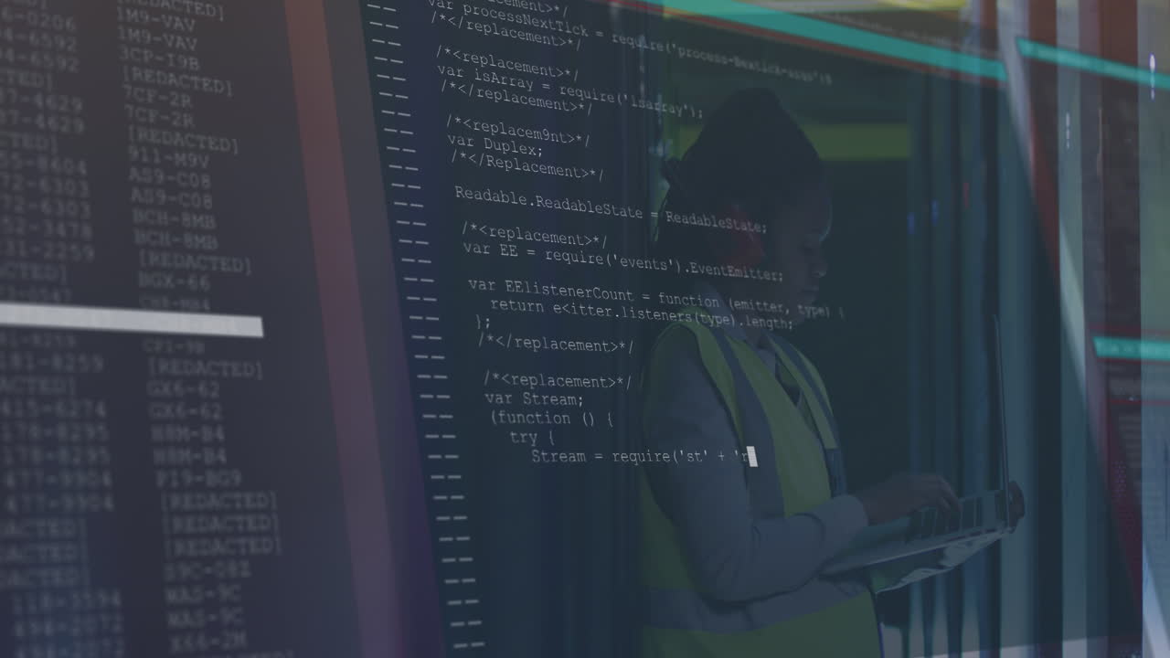 Animation of data processing over african american female worker in server room
