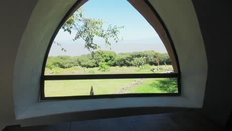 unique window view from inside an earthen home, showing a narrow hallway with natural light pouring over table overlooking grassy field