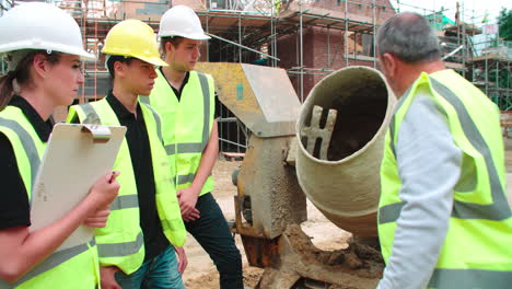 constructor que utiliza una mezcladora de cemento en el sitio de construcción con aprendices