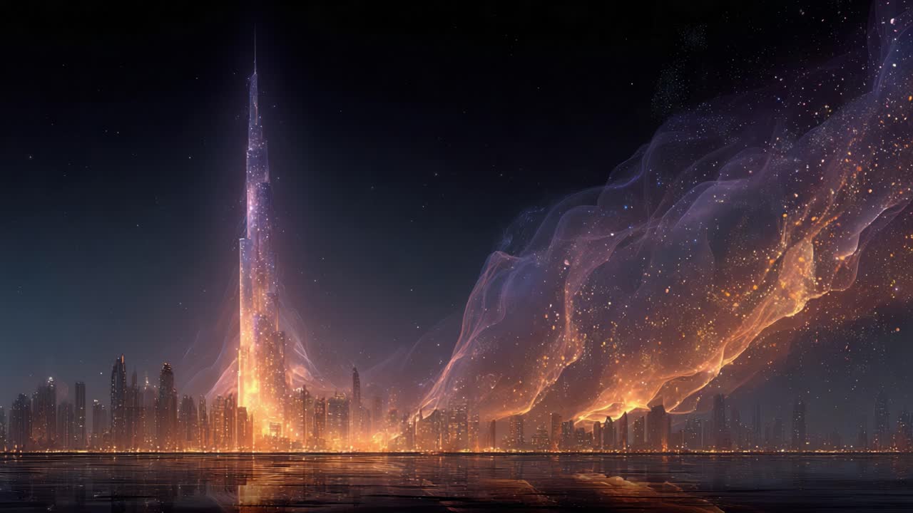 Luminous futuristic Dubai cityscape at night with the Burj Khalifa emitting a fantastical aurora of glowing particles, creating a magical and surreal spectacle reflected in the calm water