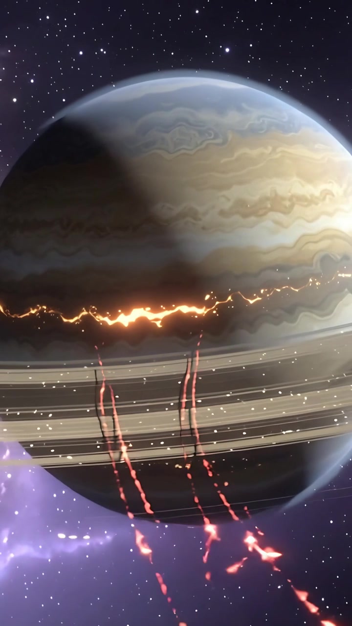 Video verticale: Mostra un gigante con l'equatore formato da strisce rosse che cadono da destra attraverso anelli nello spazio.