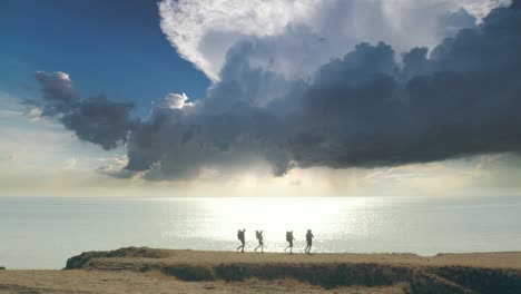 the four tourists with backpacks walking on the seascape background