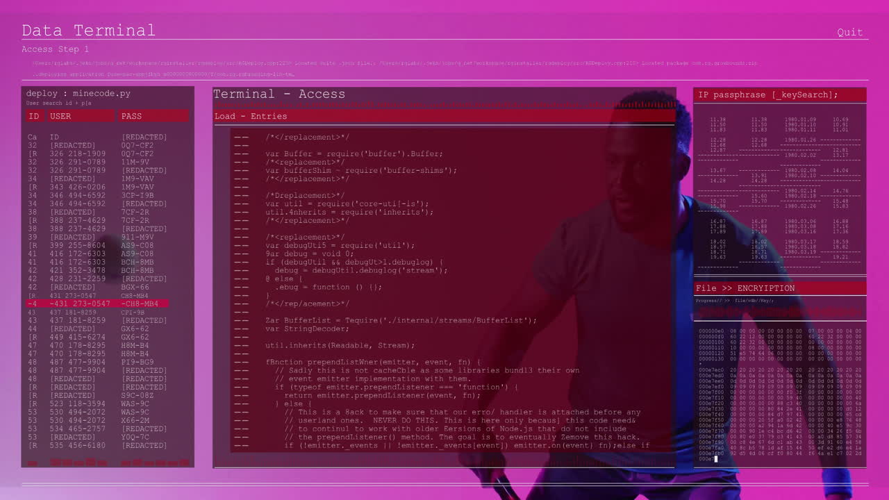 Animation of person in dynamic pose with code terminal on pink background