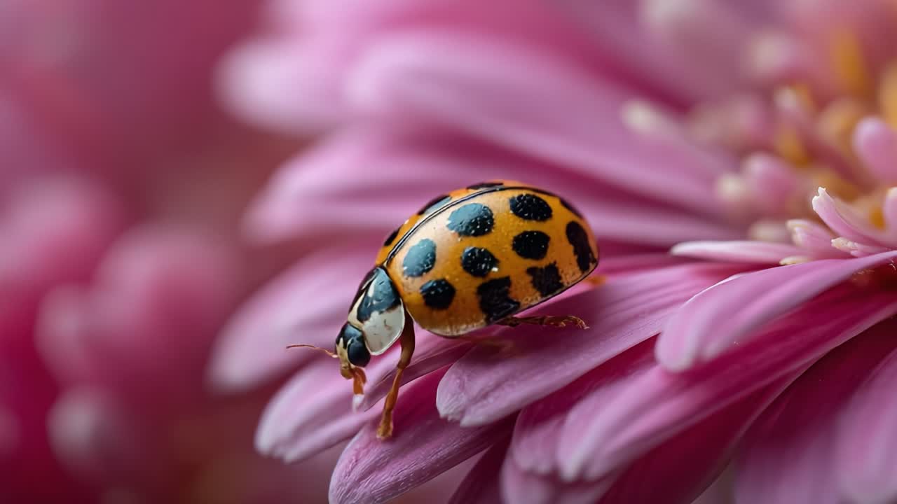 A close-up view of a vibrant ladybug resting delicately on the soft petals of a pink flower, showcasing intricate patterns and natural beauty in the macro photography