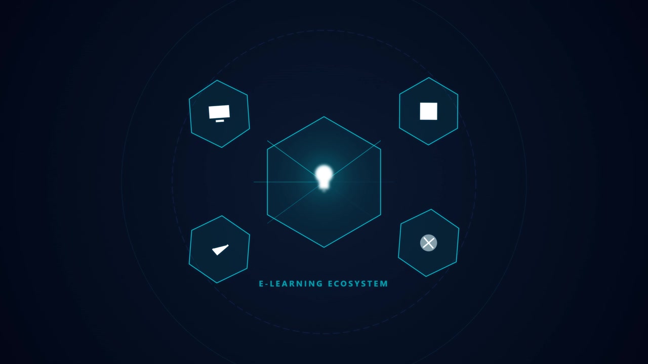 Digital E-Learning Ecosystem Infographic with Glowing Light Bulb Icon