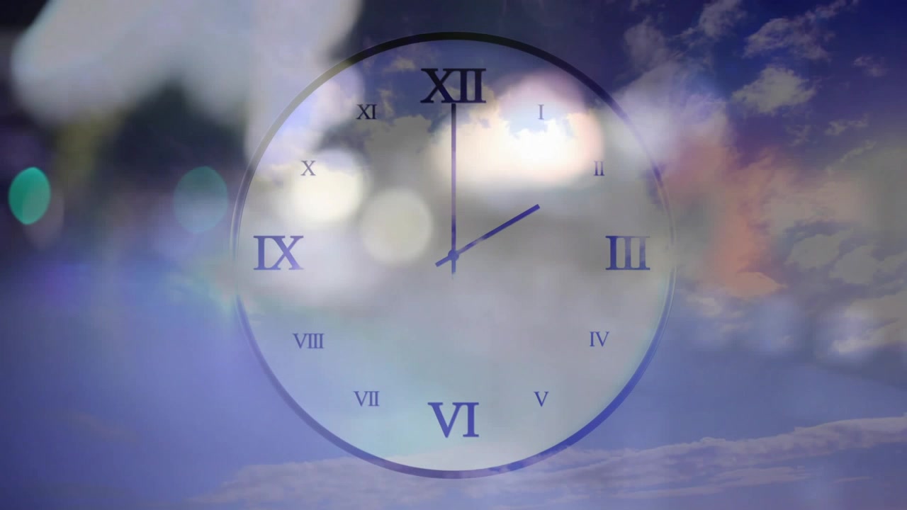 Starting at 4:30, analog clock hands advancing steadily over blurred cityscape showing time passage