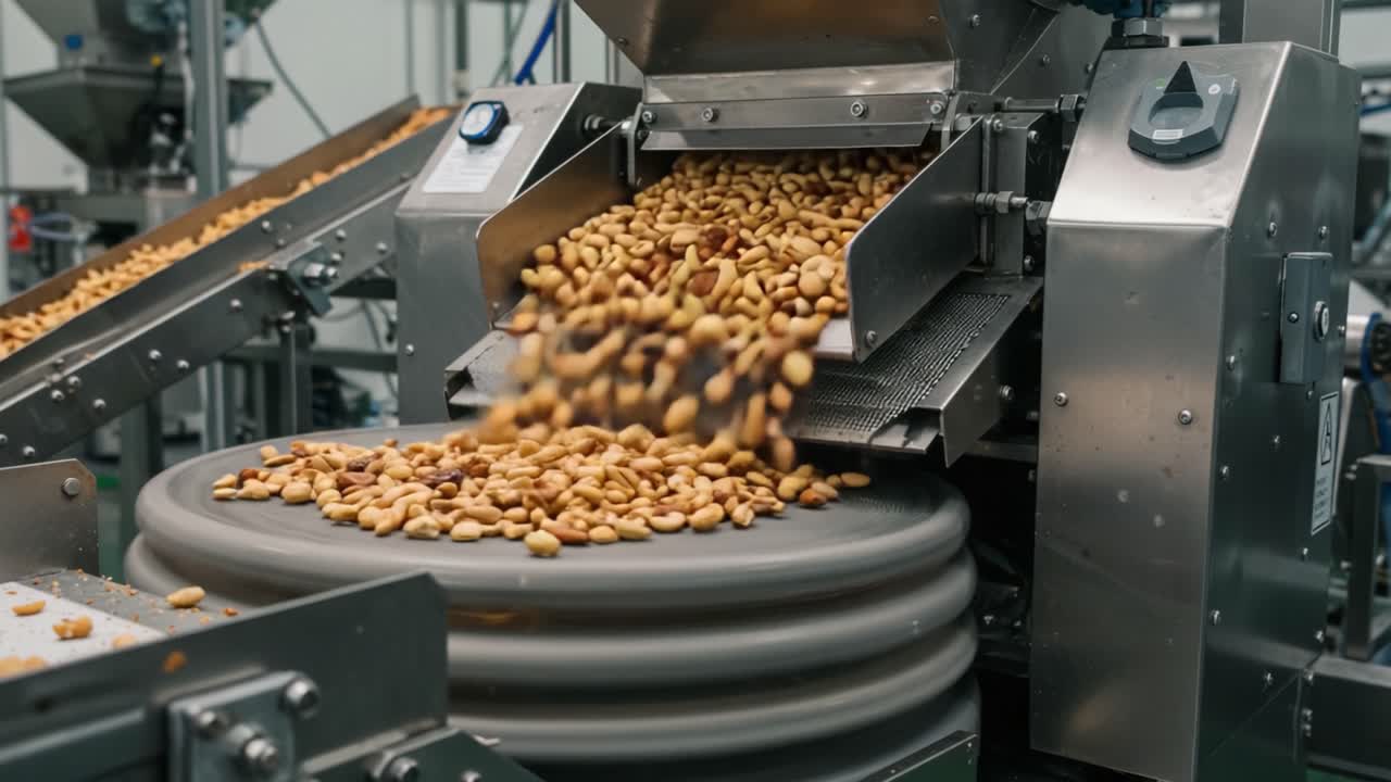 Automated Processing of Nuts in a Production Line Featuring Cascading Cashews and Almonds into Circular Conveyors