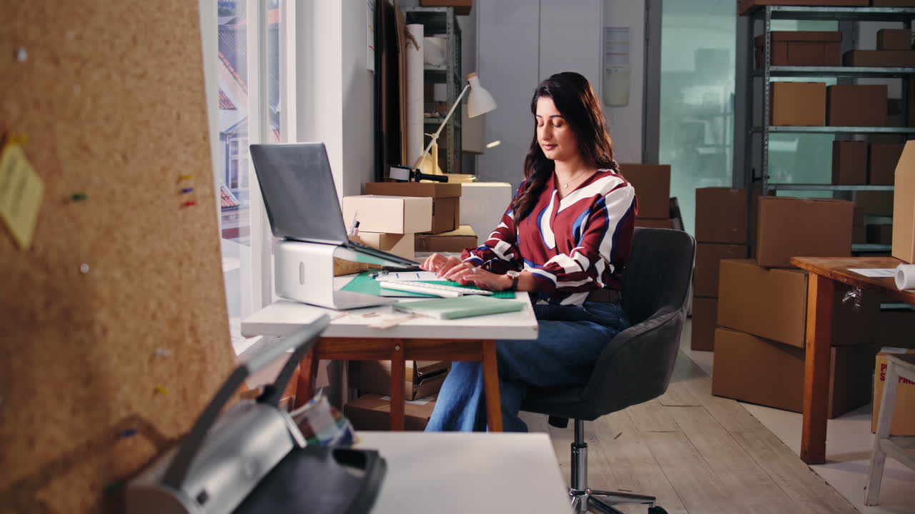 Mujer joven escribiendo en un portátil en una oficina de comercio electrónico