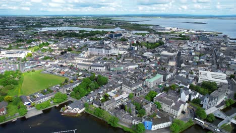 aerial drone panning shot of the city of galway and corrib river, ireland