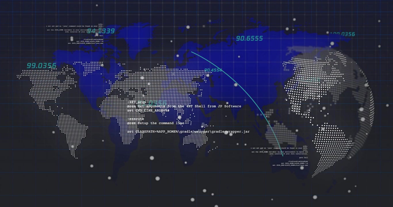 Faint cyan arc appearing, dotted world map and globe animating as arcs visualizing global data flow