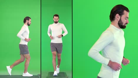 handsome caucasian male athlete jogging on a green screen, chroma key