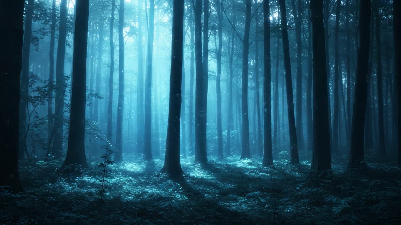 Mysterious Forest Scene Illuminated by Soft Blue Light and Dappled Shadows, Captivating Ambiance of Nature's Tranquility and Enchantment in the Early Evening