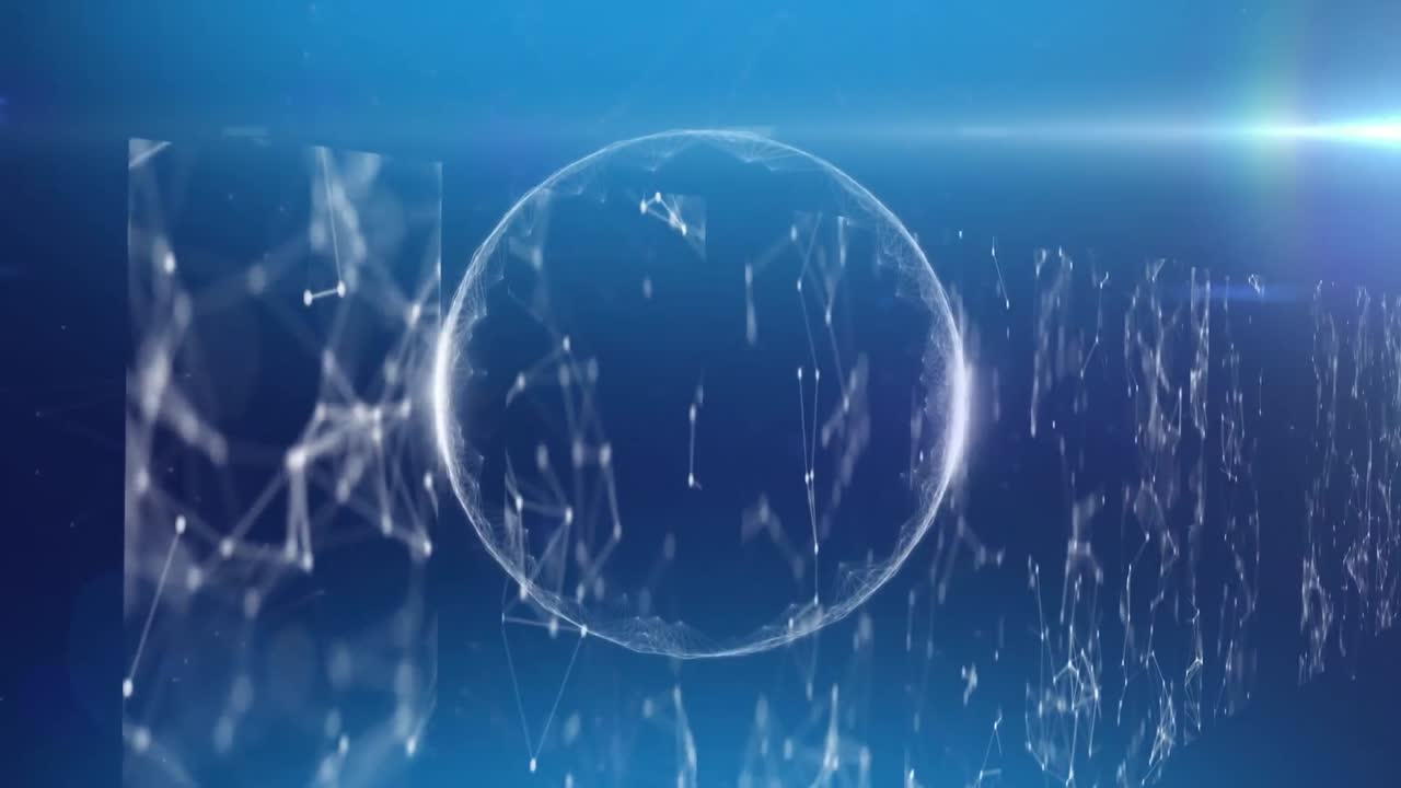 파란색 배경에 연결 네트워크의 화면에 대해 회전하는 지구