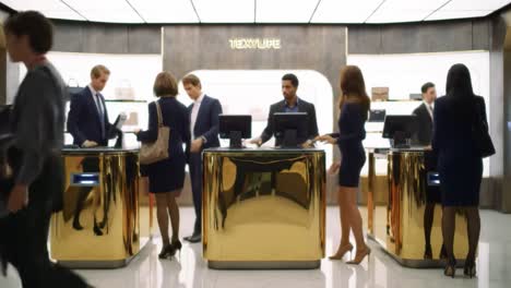 a luxurious shopping experience in a stylish boutique showcasing elegance and sophistication with glamorous displays and attentive staff