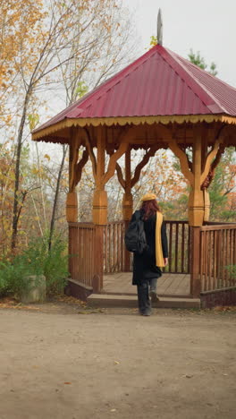vista trasera de una dama con abrigo negro, bufanda amarilla y boina caminando en un mirador de madera en un parque pacífico, un banco de madera cerca se suma al tranquilo entorno de otoño rodeado de árboles dorados
