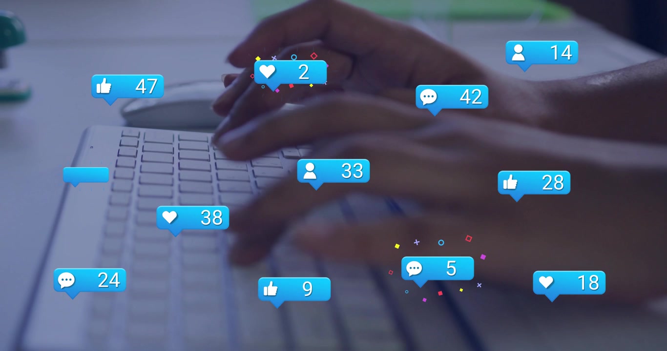 Woman typing on white keys, causing multiplying blue badges and rising counters for marketing