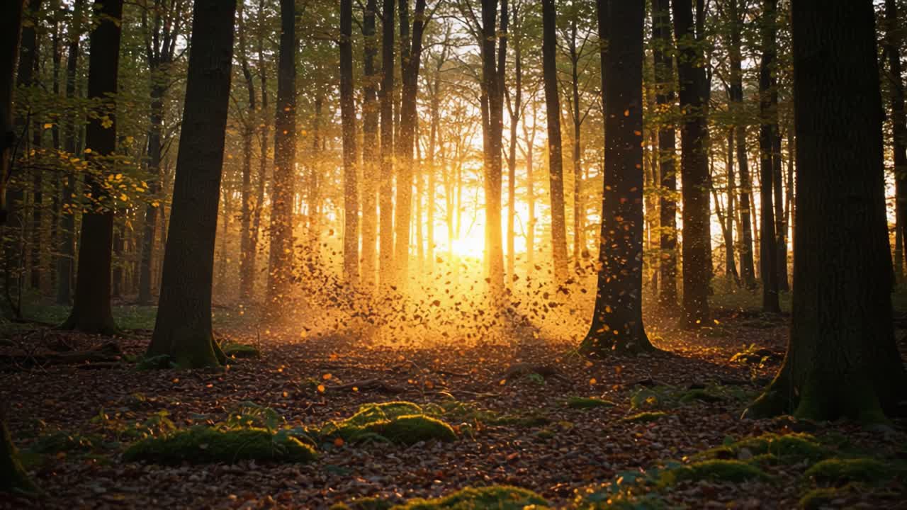 Golden Light Filtering Through Forest Trees at Sunrise, Creating a Magical Atmosphere with Mist and Fallen Leaves on the Ground in a Serene Woodland Setting