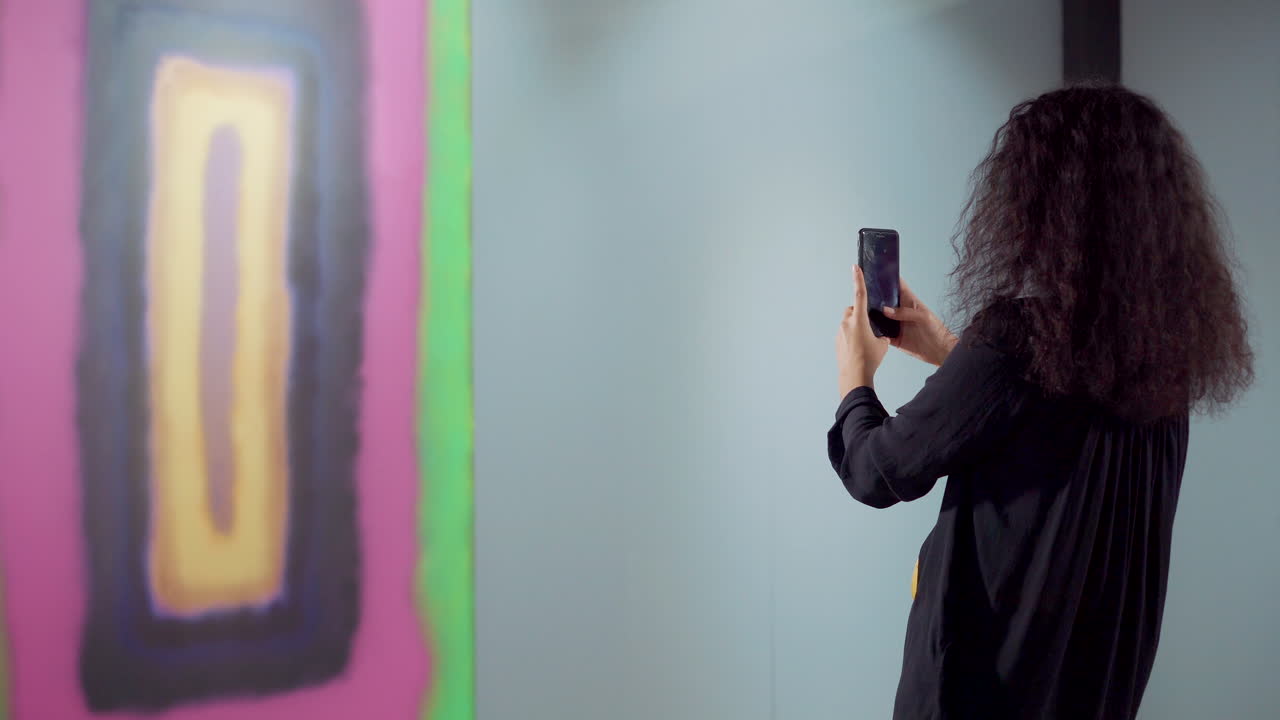 Donna che fotografa un quadro astratto in un museo