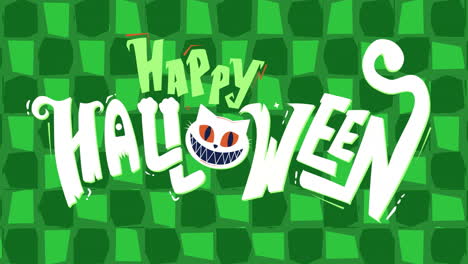 animation of happy halloween text over scary cat's face on green background
