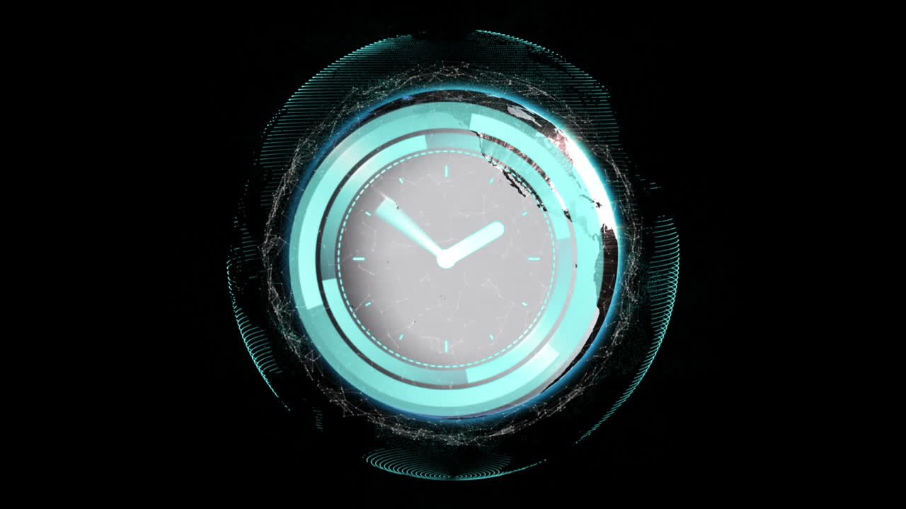 Animation of moving clock over globe on black background