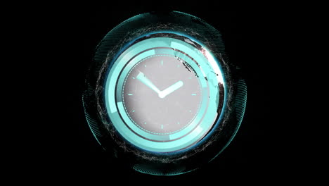 animation of moving clock over globe on black background