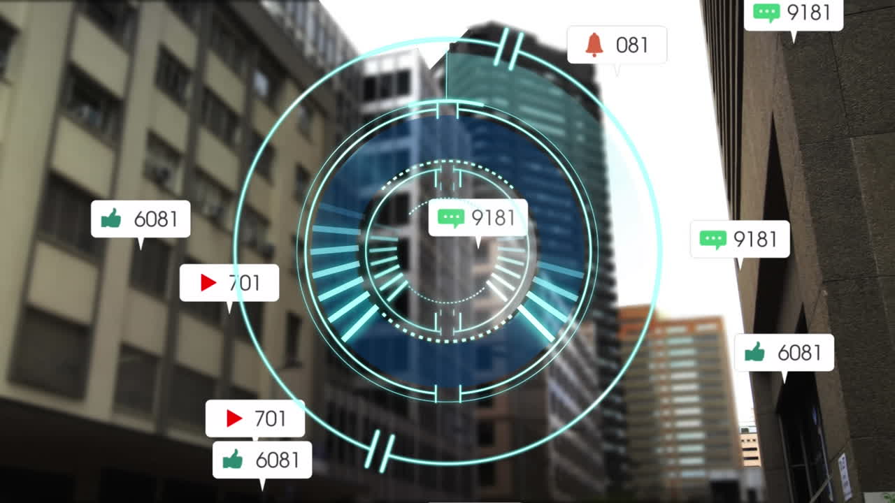 animación del escaneo del alcance sobre iconos de redes sociales y paisaje urbano