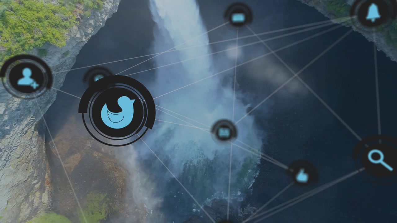 White lines fading on waterfall, nodes emerging, scaling, moving and pulsing for network overlay