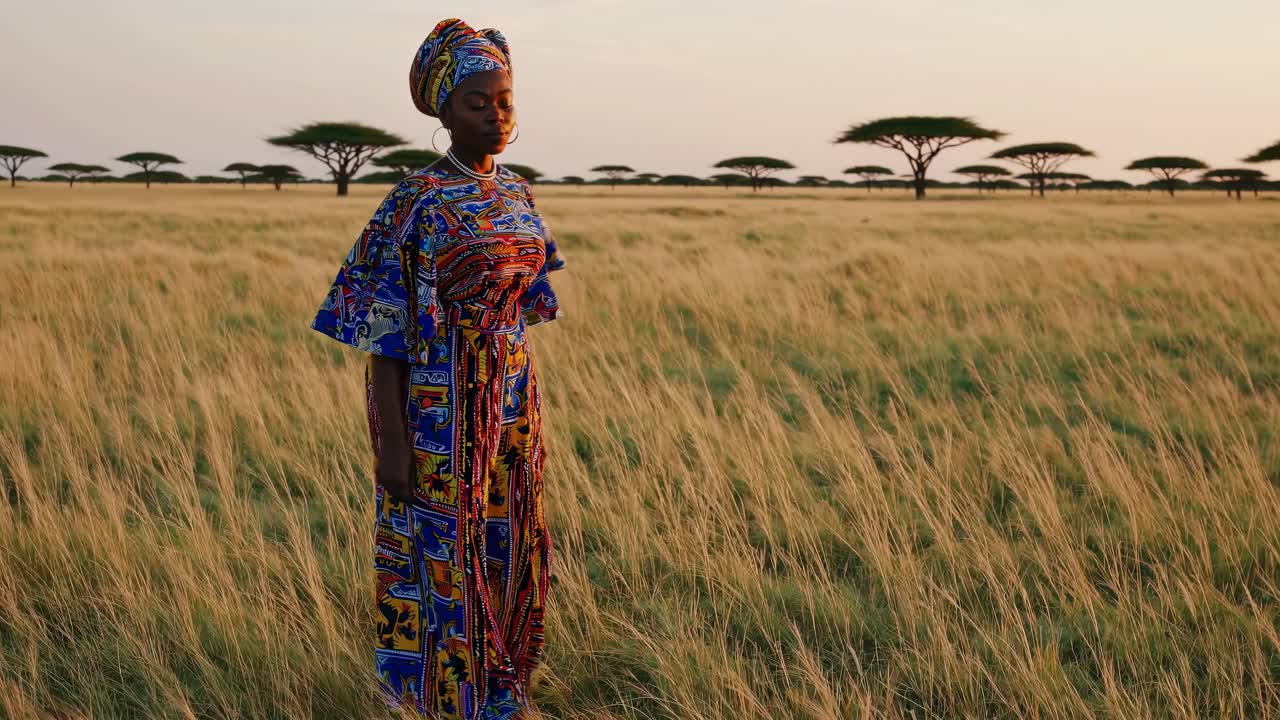 Portrait video of a woman in vibrant attire, captured at eye level, set against a serene savannah