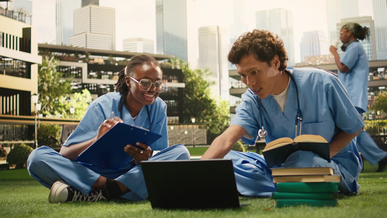 Medical students discussing coursework with laptop and study materials