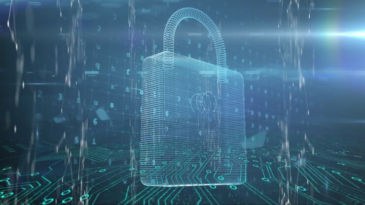 Animazione di un lucchetto di sicurezza online con elaborazione dati in sottofondo.