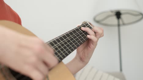 portrait of a handsome boy sitting on the couch and playing the guitar. stringed musical instrument. musical life.