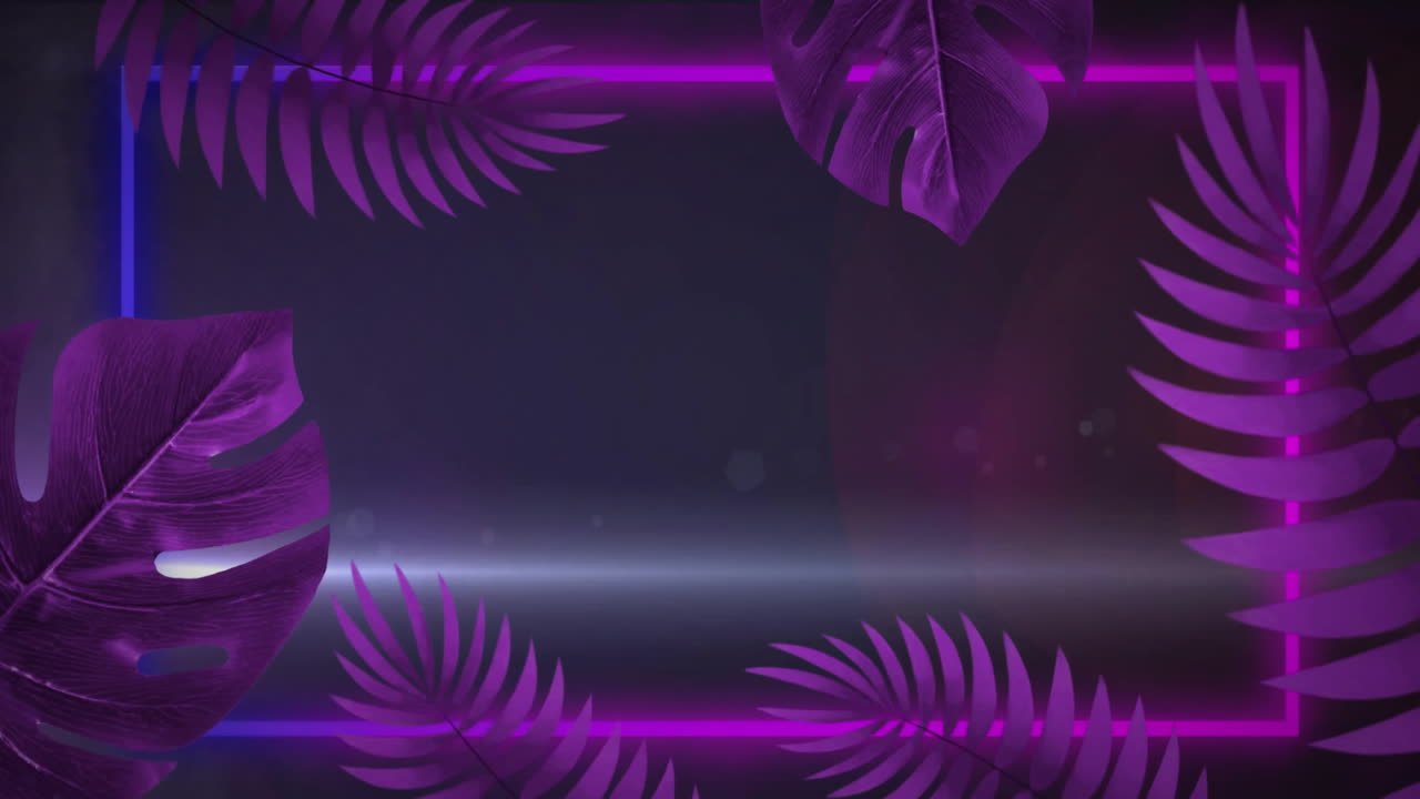 Neon purple leaves and glowing lines animation over dark background