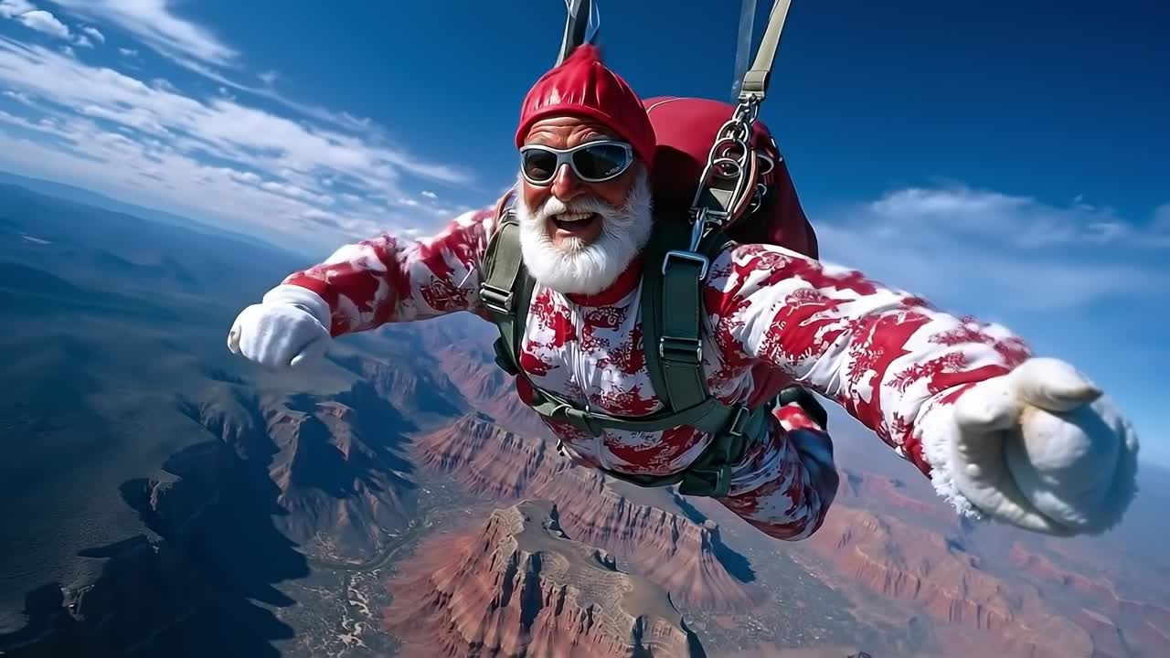 A man dressed as Santa Claus is skydiving in the sky