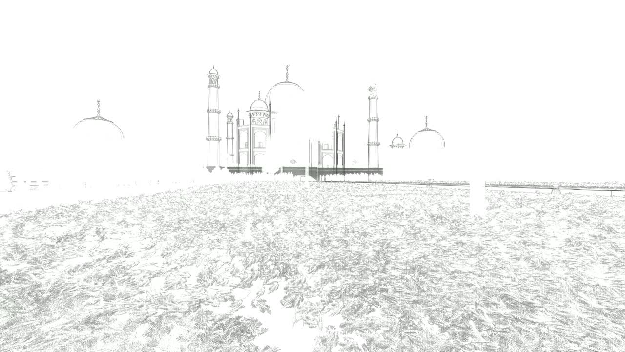 관광객들과 타지 마할, 색에 스케치, 4k 패닝