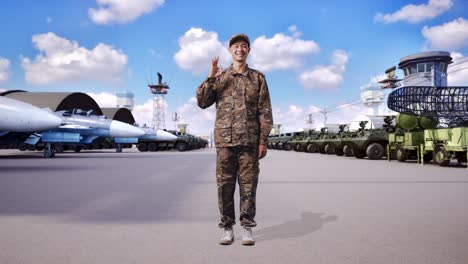 full body of asian man soldier smiling and showing okay gesture to camera while standing at military camp