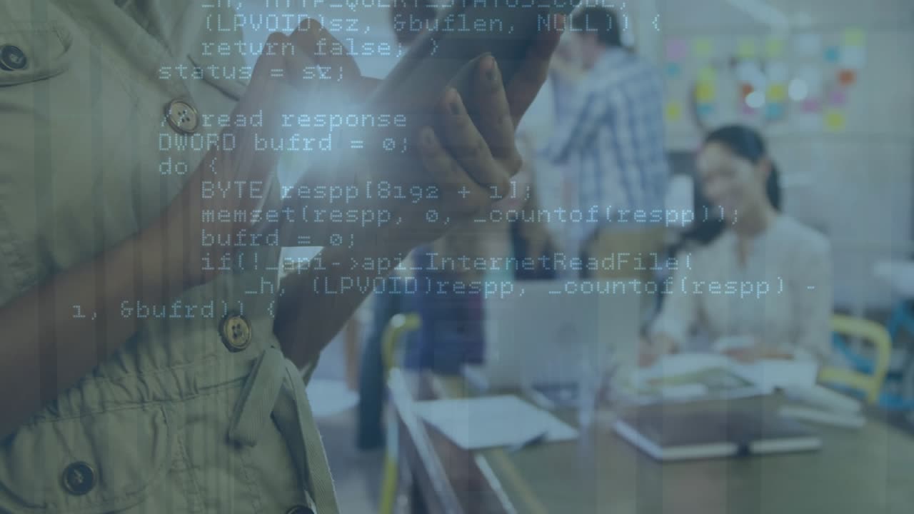 Woman tapping tablet, initiating code demo, revealing transparent code overlay in tech classroom