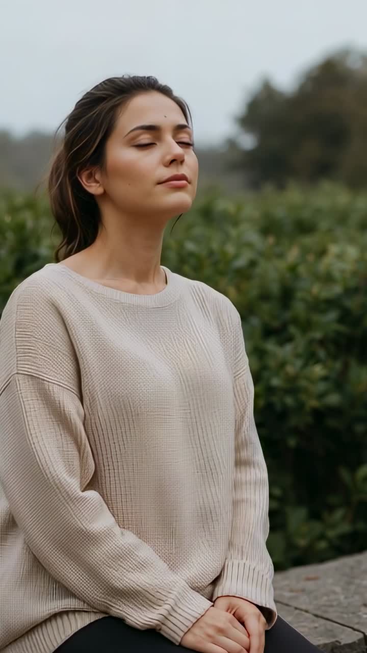 Video verticale: Donna che inspira, inclinata all'indietro, seduta su un muretto in un parco vicino a una siepe per un momento di calma, con un top color crema