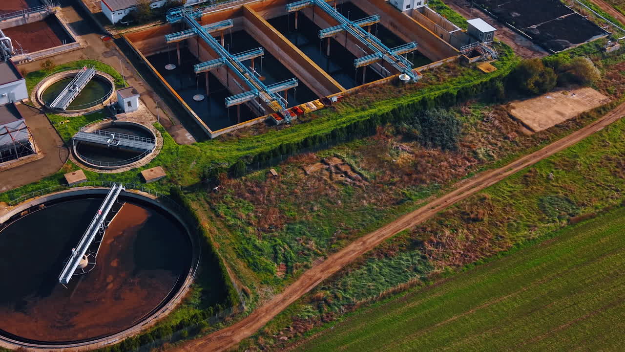 Sewage water recycling plant from drone footage. Resource saving technology concept