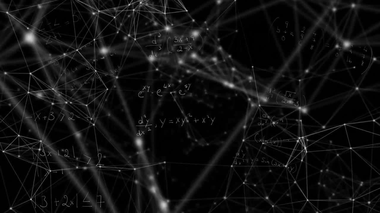 Animation of network of connections and data processing on black background