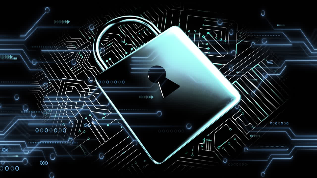 Animation of computer circuit board with data processing and padlock