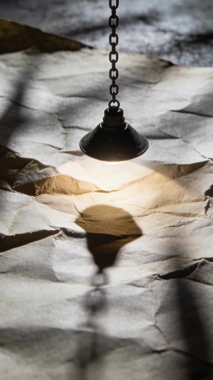 Vertical video: Swinging bob after nudge chain holding lamp casting moving shadow on crumpled paper