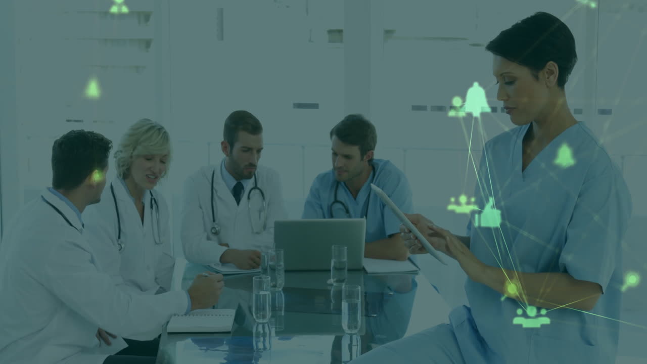 Discussing patient data, healthcare professionals with network connections animation overlay