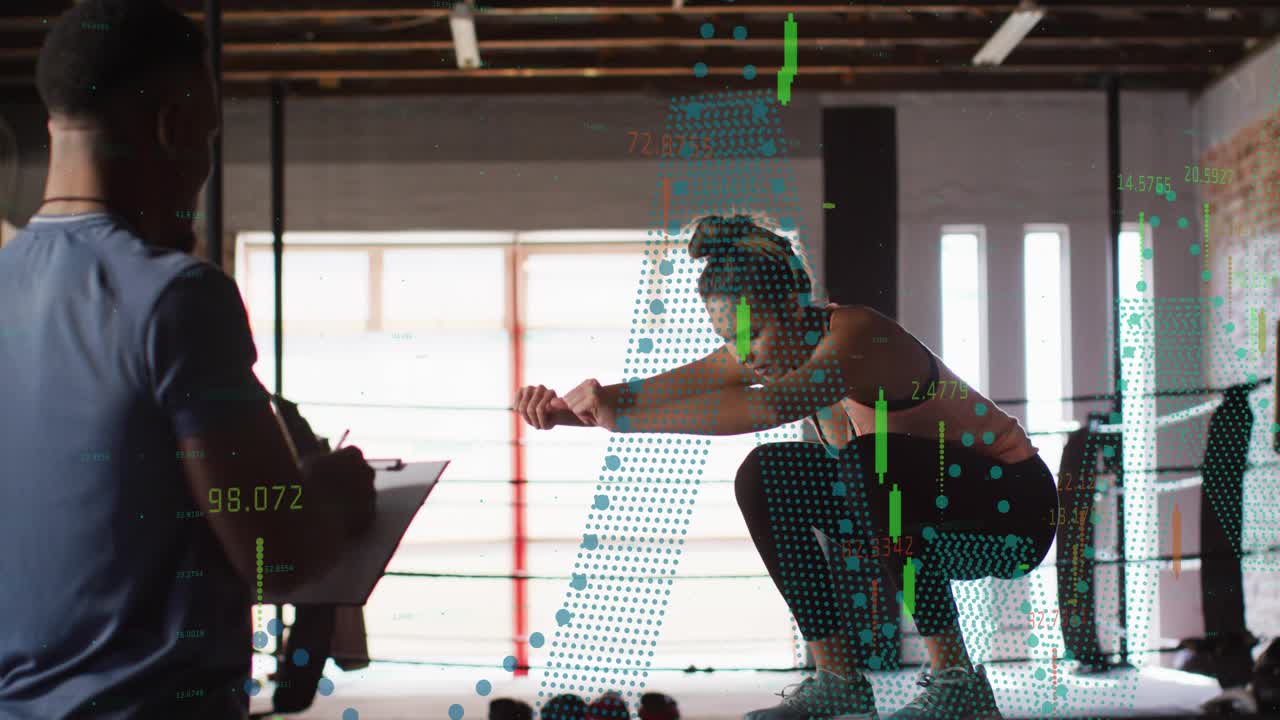 Woman adjusting wrists, stepping to box and doing jumps for fitness coach timing, overlay tracking
