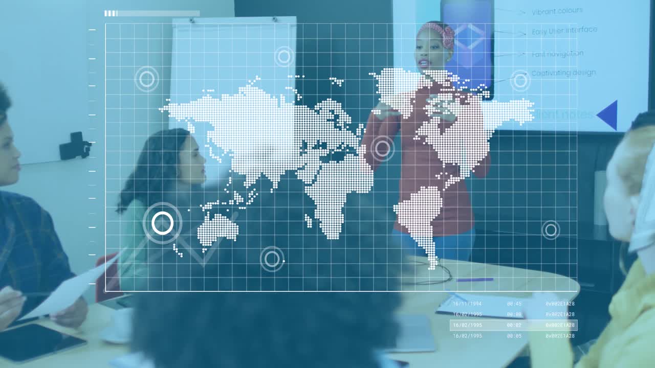 사무실에서 일하는 다양한 사업가들에 대한 금융 데이터 처리 및 세계 지도의 애니메이션