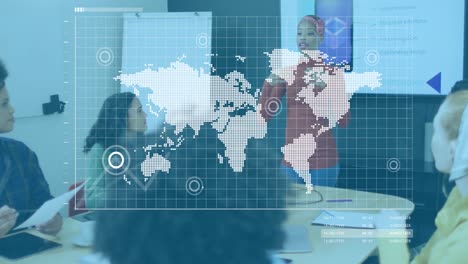 animation of financial data processing and world map over diverse business people working at office