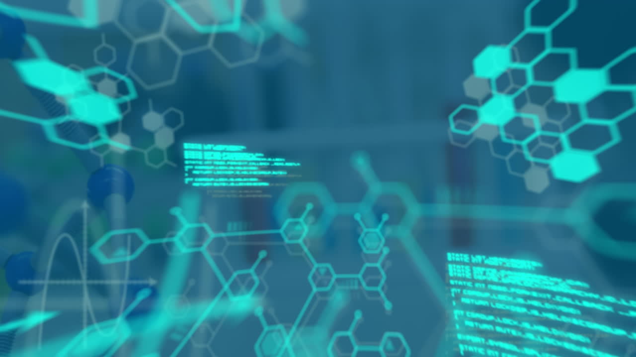 animación del procesamiento de datos y la fórmula química sobre tubos de ensayo