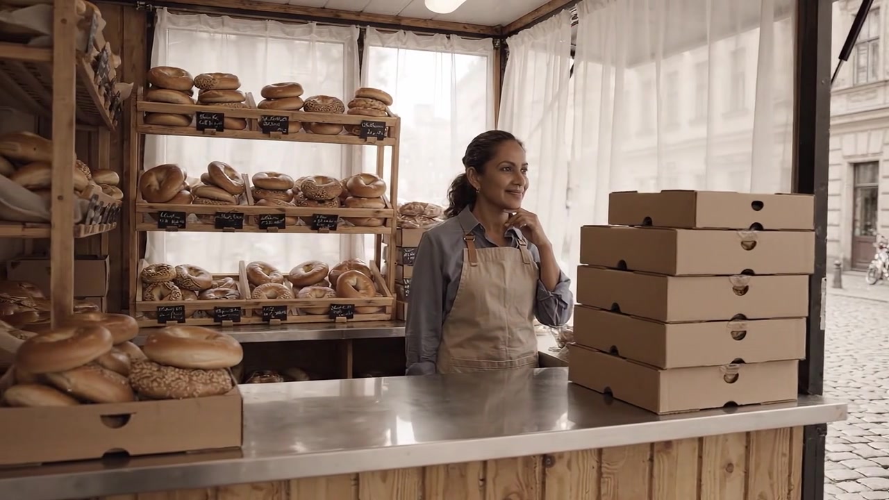 Un fornaio sorridente in un'accogliente panetteria con bagel appena sfornati e scatole di pasticcini, pronto a servire i clienti con deliziose prelibatezze in un'incantevole cornice stradale.