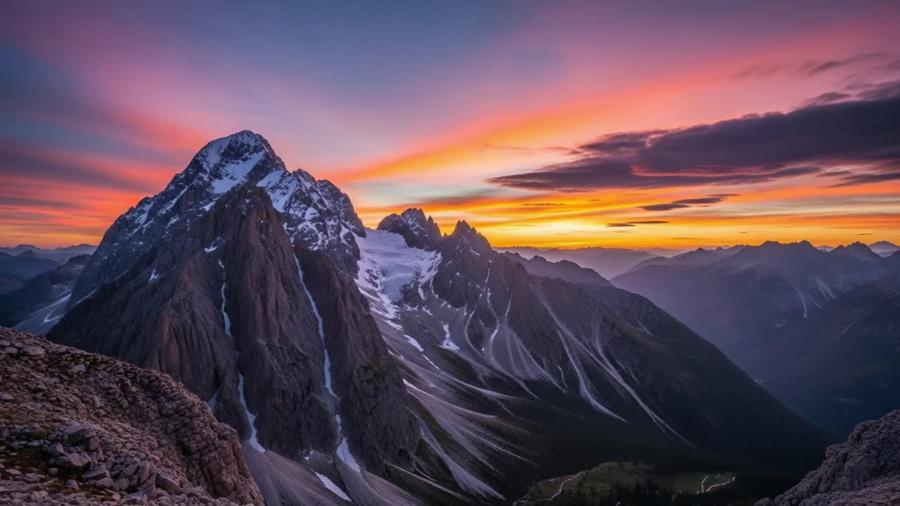 Breathtaking Sunset Over Majestic Mountain Range: Explore the Vibrant Colors of Dusk Casting Shadows on the Rocky Peaks and Snow-Capped Summits