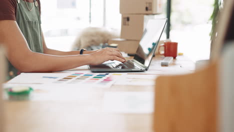 woman, hands and laptop in fashion small business