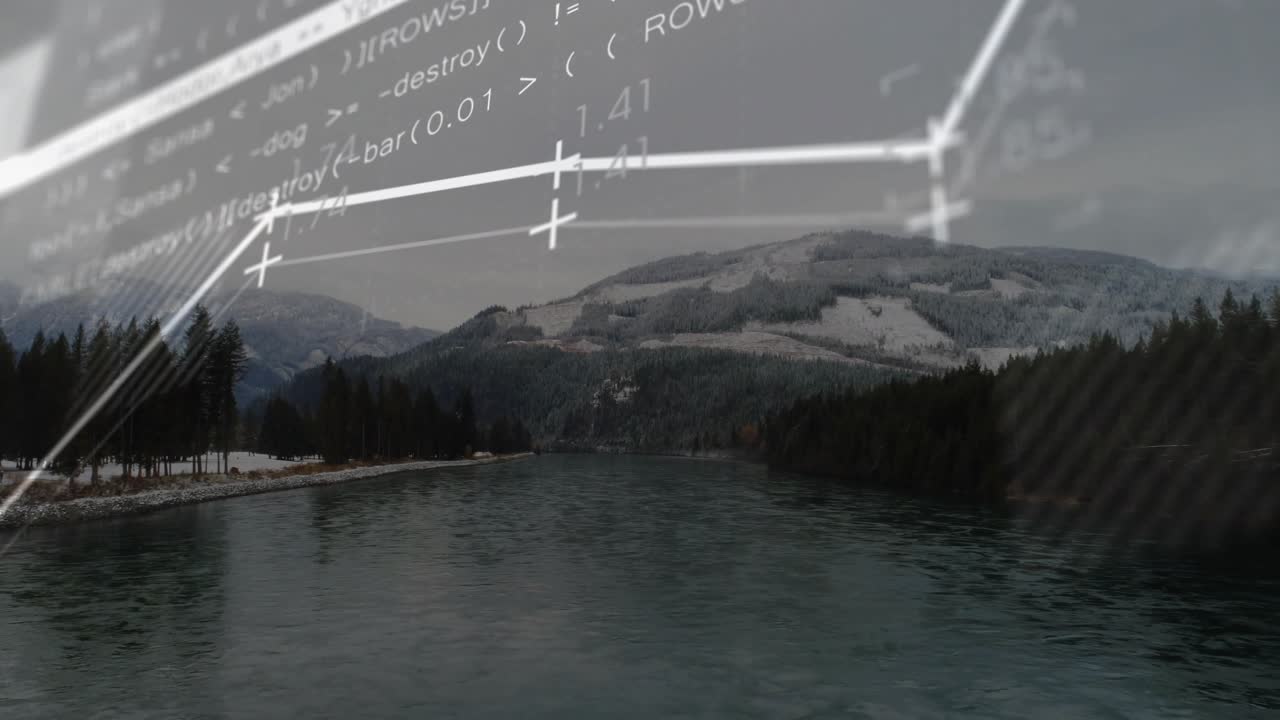 Lake view starting line graph rising, nodes popping, code overlays sliding and fading showing data